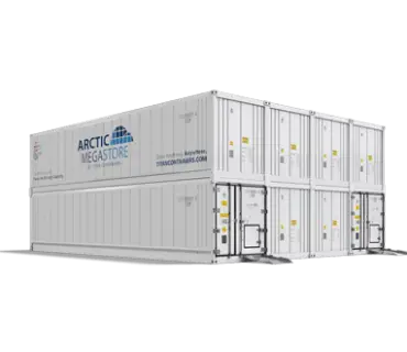 Arctic MegaStore modular cold storage containers shown in stacked configuration with ramp access