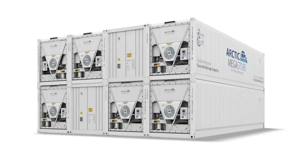 Arctic MegaStore modular cold storage containers shown in stacked configuration