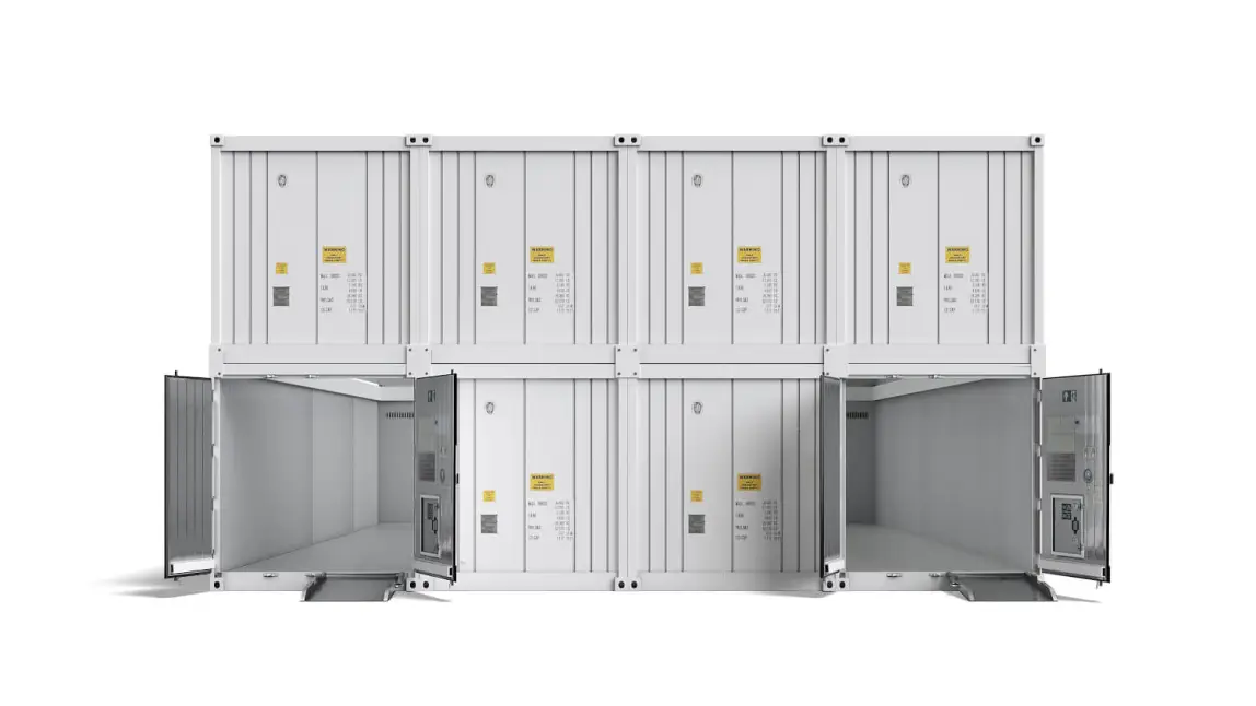 Arctic MegaStore modular cold storage containers shown in stacked configuration with ramp access